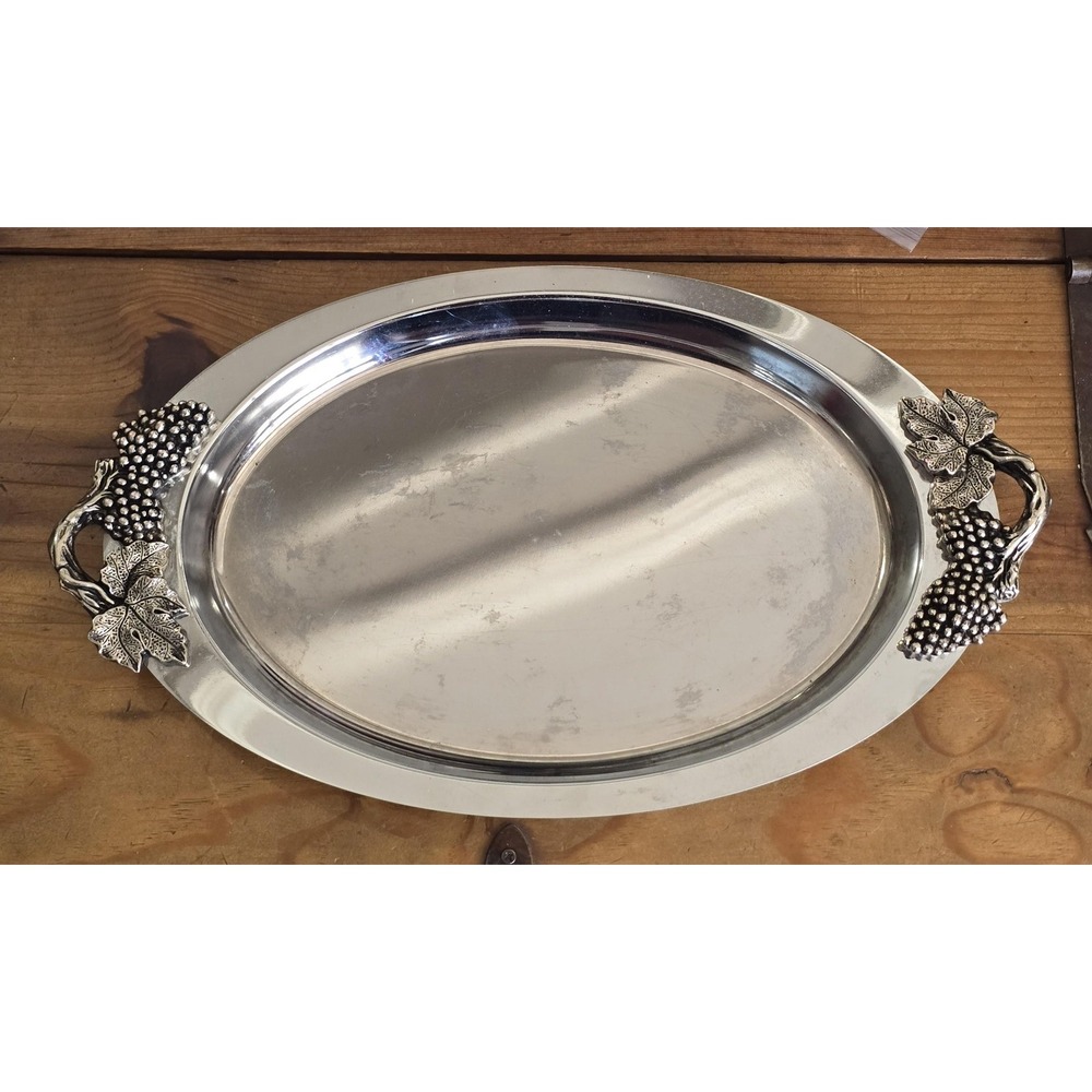Vintage Towle Silversmiths Stainless Steel Serving Tray Oval Grape Vine Handles